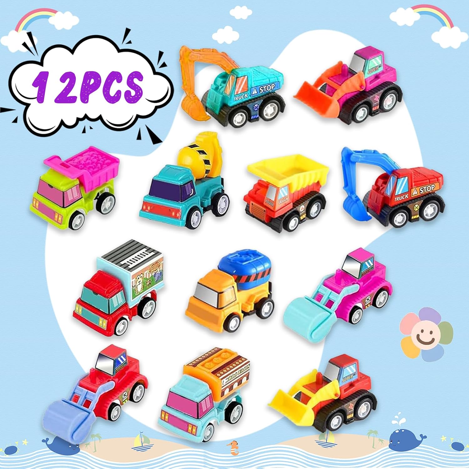 12pcs Pull Back Cars Truck Veh - Kids Y Toys reseña y precio